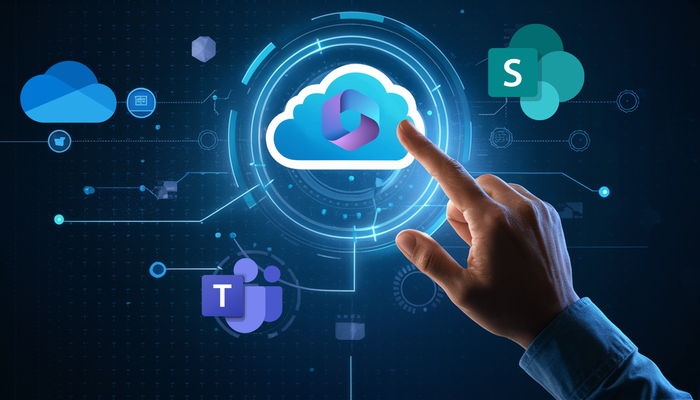 Symbolbild zeigt Logos der Microsoft Cloud-Dienste um eine Wolke herum angeordnet. Ein Zeigefinger einer Hand zeigt in die Wolke, dort ist das Symbol von M365 zu sehen.