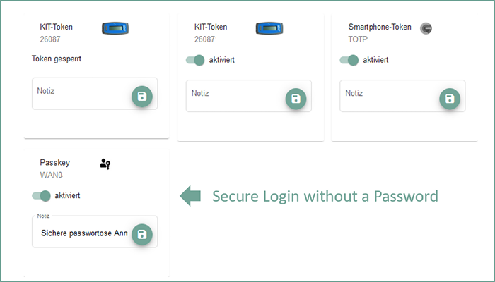 Shows an excerpt from the token management section of the SCC self-service portal. Passwordless login with Passkey can now also be set up here.