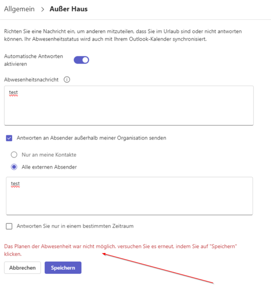 Screenshot des Fehlers bei der Planung einer Abwesenheit.