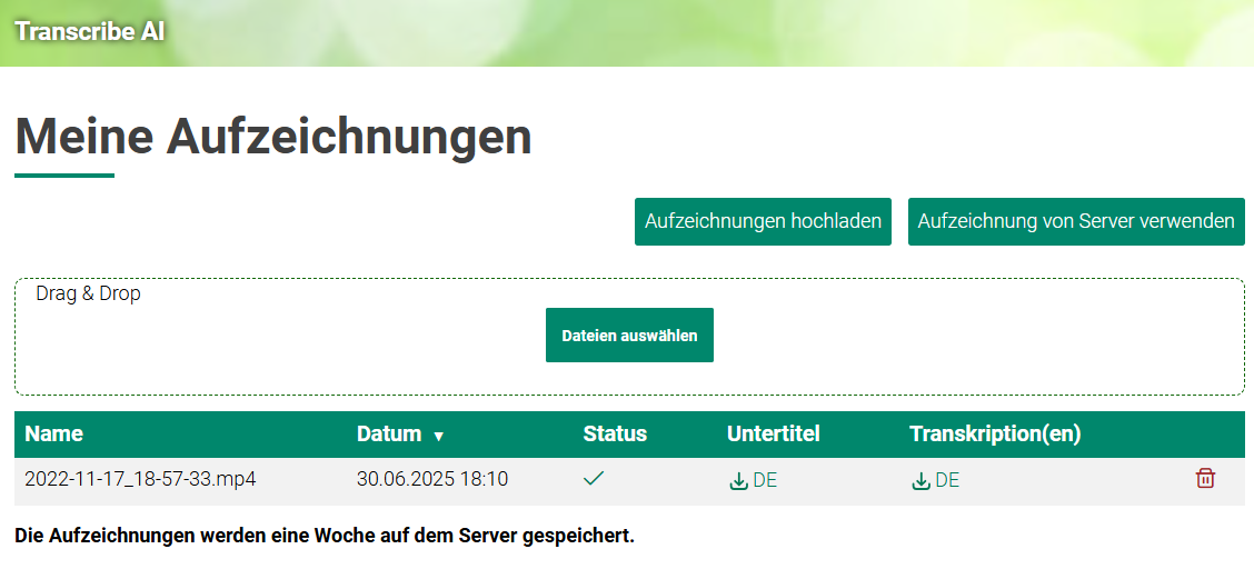 Aufzeichnungen hochladen (Screenshot)