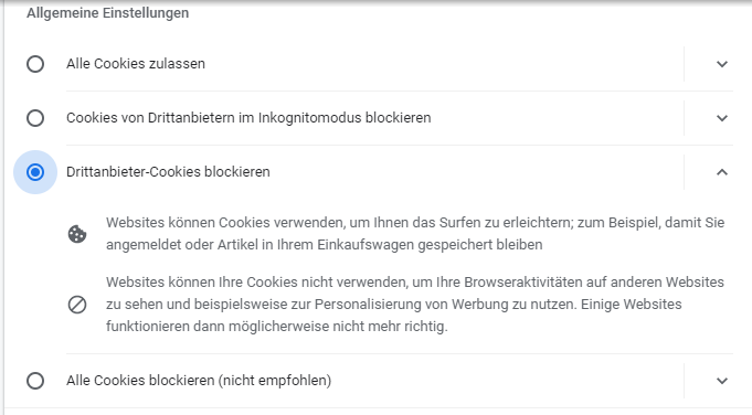 Cookie Eintellungen Google Chrome für MS Teams - Drittanbieter