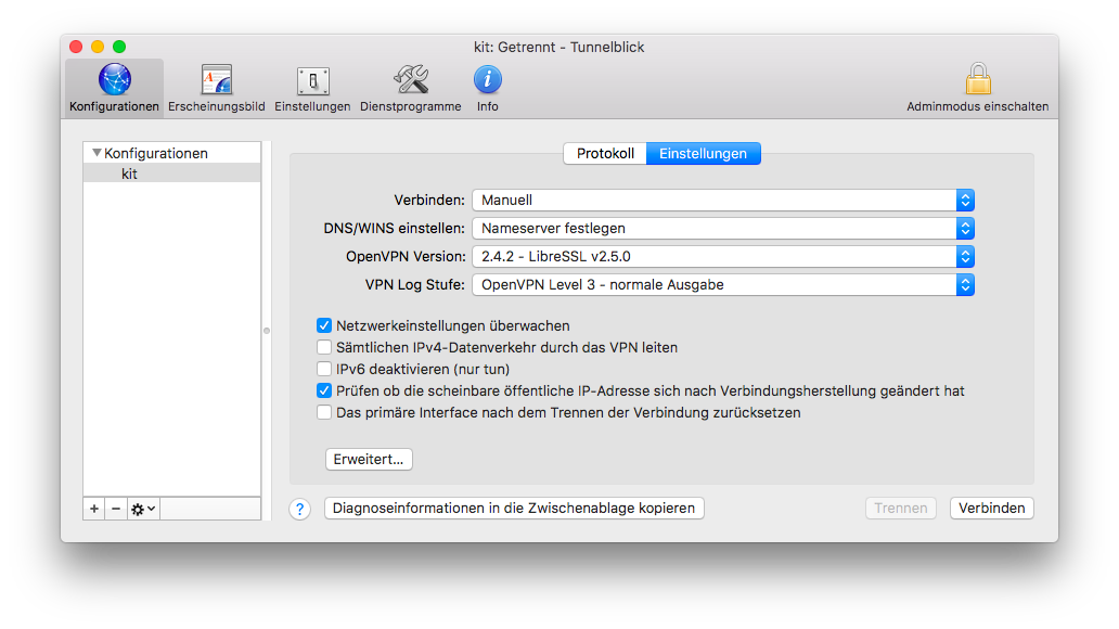  Abbildung 6: Tunnelblick Einstellungen