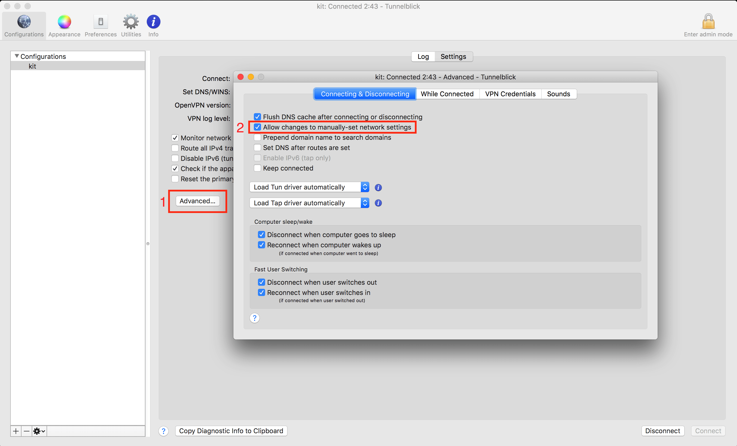 Figure 7: Tunnelblick advanced settings