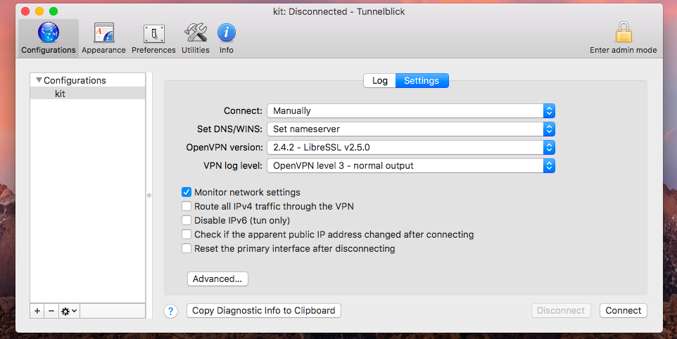 Figure 6: Tunnelblick settings