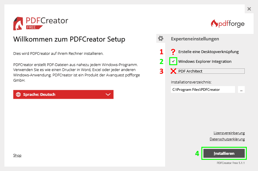 PDFCreator-Installation - Komponenten auswählen