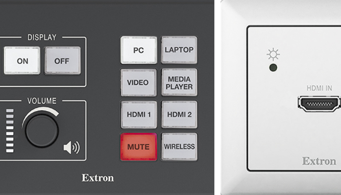 Bedienfeld und HDMI-Anschluss eines Extron-Präsentationssystems.