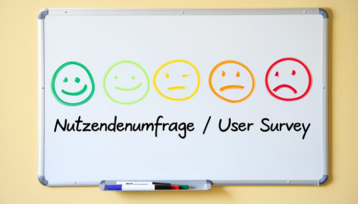 Whiteboard mit fünf farbigen Smileys und der Aufschrift "Nutzendenumfrage / User Survey".