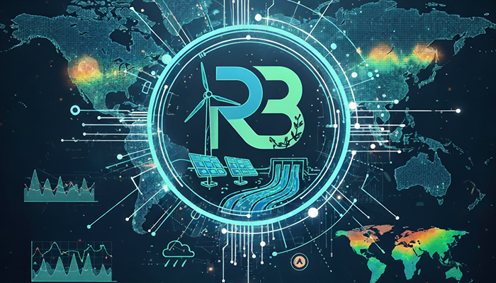 Futuristic global energy network with wind turbine, solar panels, and circuit lines over a world map.