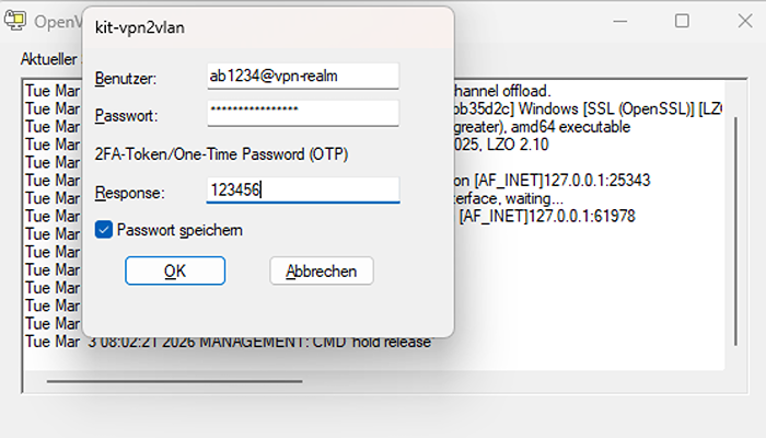 Screenshot of the VPN-Client with a field for a second factor
